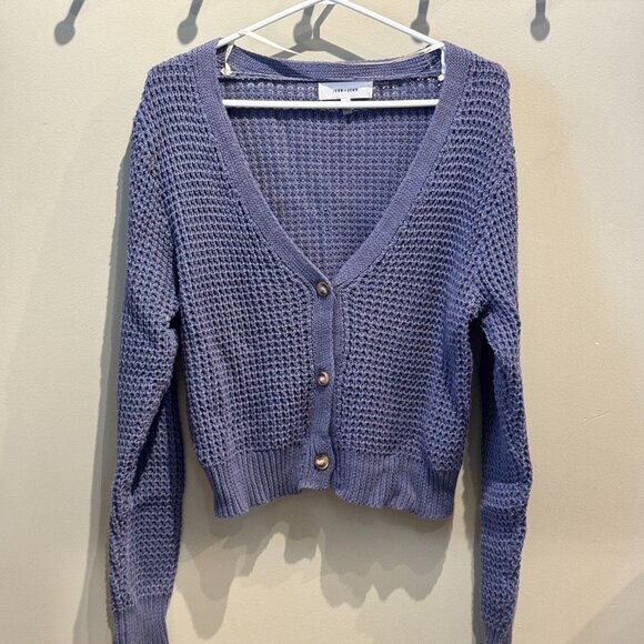 John + Jenn Periwinkle Knit Cardigan Small Cropped Button Front Cotton Sweater - Picture 2 of 5